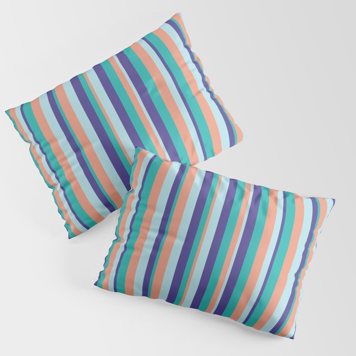 Light Sea Green, Dark Slate Blue, Powder Blue, and Dark Salmon Colored Striped Pattern Pillow Sham