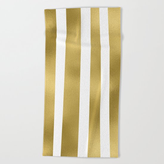 Gold unequal stripes on clear white - vertical pattern Beach Towel