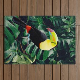 Toucan in Tropical Rainforest with Monstera Leaves Outdoor Rug