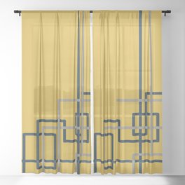 Corner Deco Minimalist Geometric Pattern in Navy Blue, Gray, and Light Mustard Sheer Curtain