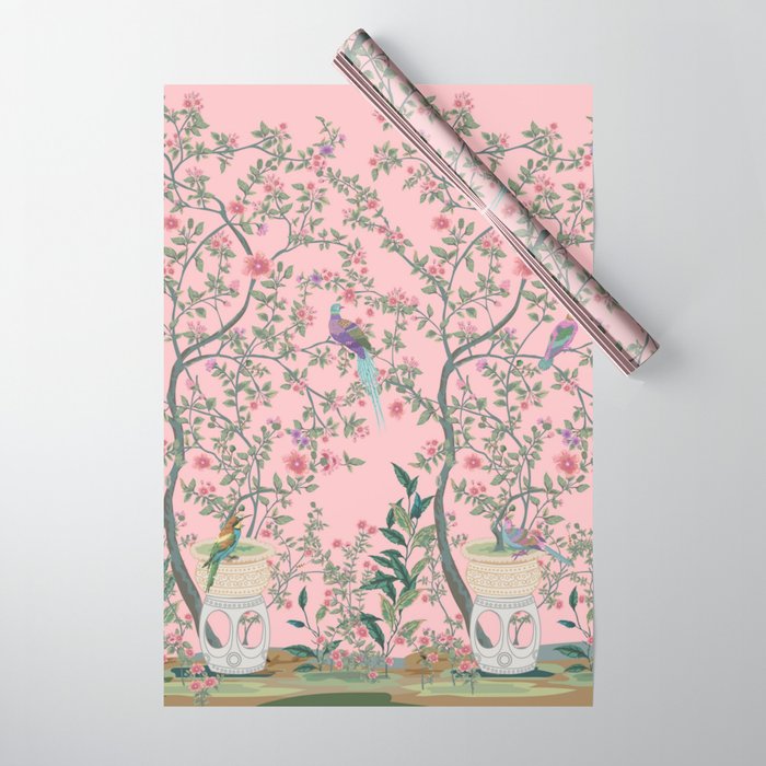 Chinoiserie Pink Fresco Floral Garden Birds Oriental Botanical Wrapping Paper
