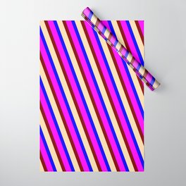 [ Thumbnail: Blue, Fuchsia, Maroon, and Tan Colored Lined Pattern Wrapping Paper ]