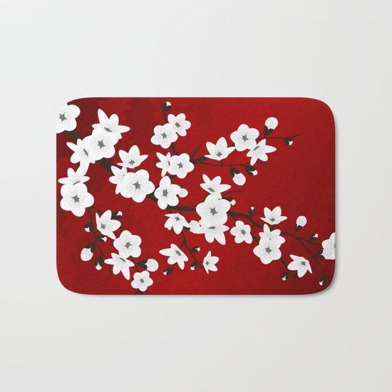 Red Black And White Cherry Blossoms Bath Mat