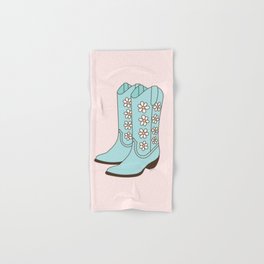 Western Vintage Floral Cowboy Boots with Daisies in Blush and Mint Blue Hand & Bath Towel