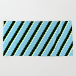 [ Thumbnail: Eye-catching Green, Light Cyan, Sky Blue, Teal & Black Colored Stripes/Lines Pattern Beach Towel ]