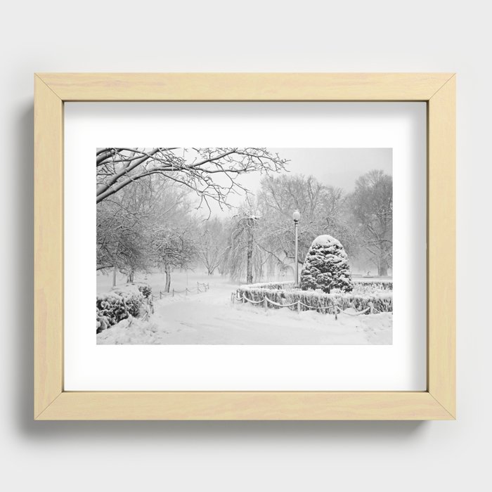Snowstorm in the Boston Public Garden. Boston Massachusetts Black and White Recessed Framed Print