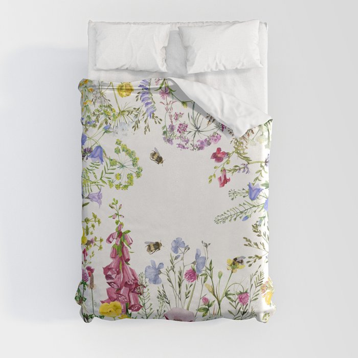 Scandinavian Midsummer Watercolor Wildflowers Meadow Frame Duvet Cover