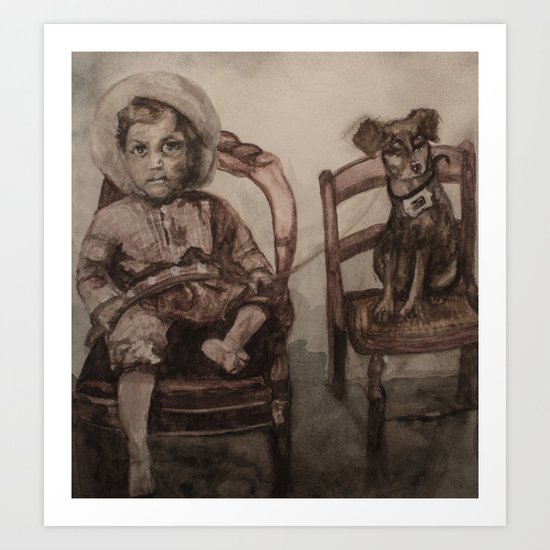 Watercolor Portrait Painting Of A Boy With His Dog Art Print By