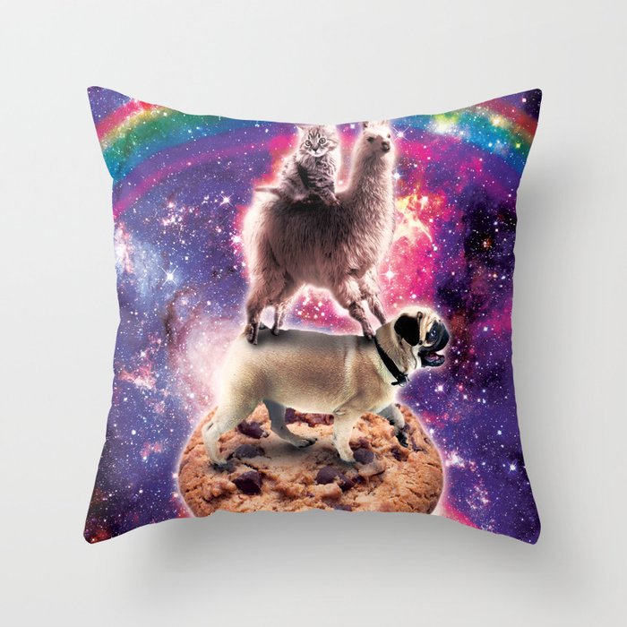 Space Cat Llama Pug Riding Cookie Throw Pillow