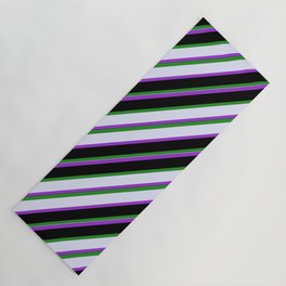[ Thumbnail: Forest Green, Lavender, Dark Orchid, and Black Colored Striped Pattern Yoga Mat ]