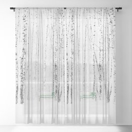 Green bench in white winter forest Sheer Curtain