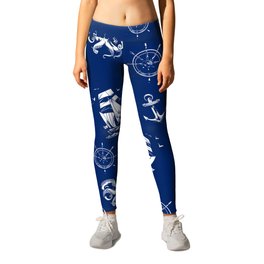 Blue And White Silhouettes Of Vintage Nautical Pattern Leggings