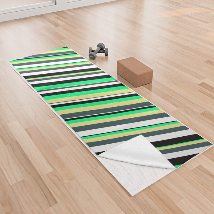 Vibrant Green, Tan, Dark Slate Gray, White, and Black Colored Striped/Lined Pattern Yoga Towel