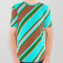 [ Thumbnail: Sienna, Powder Blue, Aqua & Green Colored Stripes Pattern All Over Graphic Tee ]