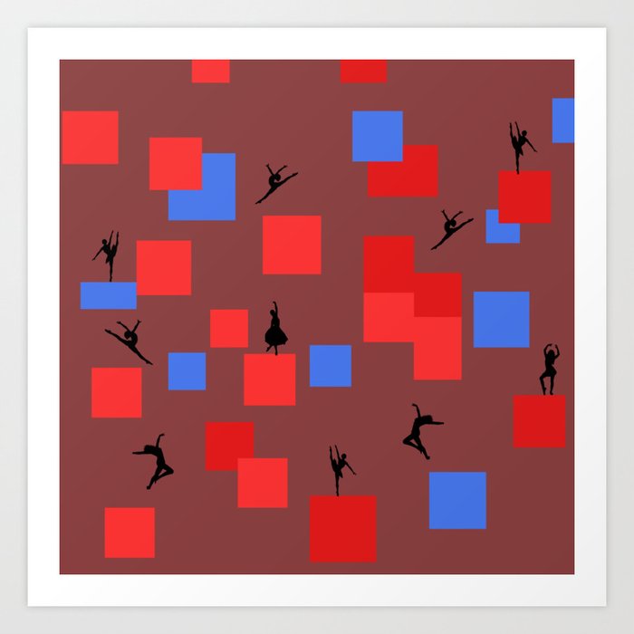 Dancing like Piet Mondrian - Composition in Color A. Composition with Red, and Blue on the dark brown background Art Print