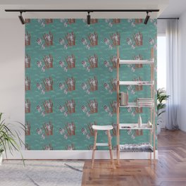 Playful Curious Raccoons Blue Forest Wall Mural