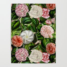 Vintage & Shabby Chic Green Dark Floral Camellia  Flowers Watercolor Pattern Poster