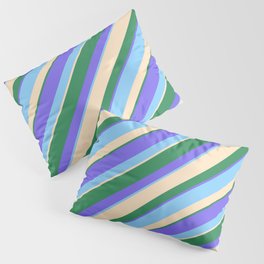[ Thumbnail: Sea Green, Medium Slate Blue, Light Sky Blue & Bisque Colored Pattern of Stripes Pillow Sham ]