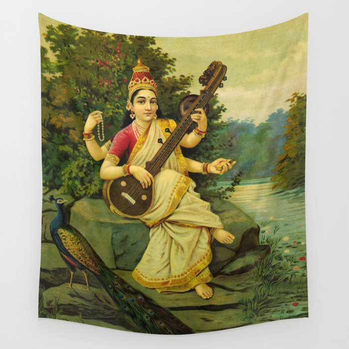 Saraswati, Goddess of Music by Raja Ravi Varma Wall Tapestry