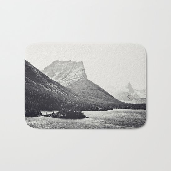 Glacier Mountain Lake Black and White Bath Mat