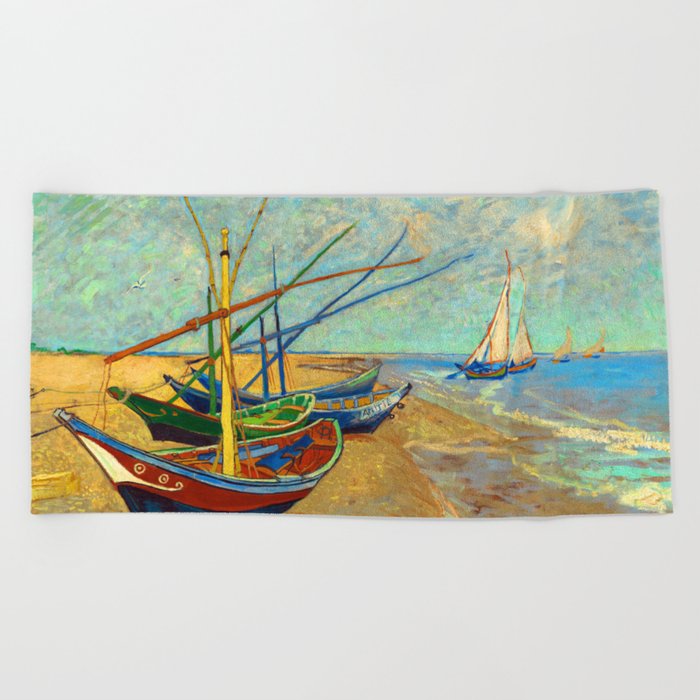 Fishing Boats on the Beach at Les Saintes-Maries-de-la-Mer, 18 by Vincent van Gogh Beach Towel