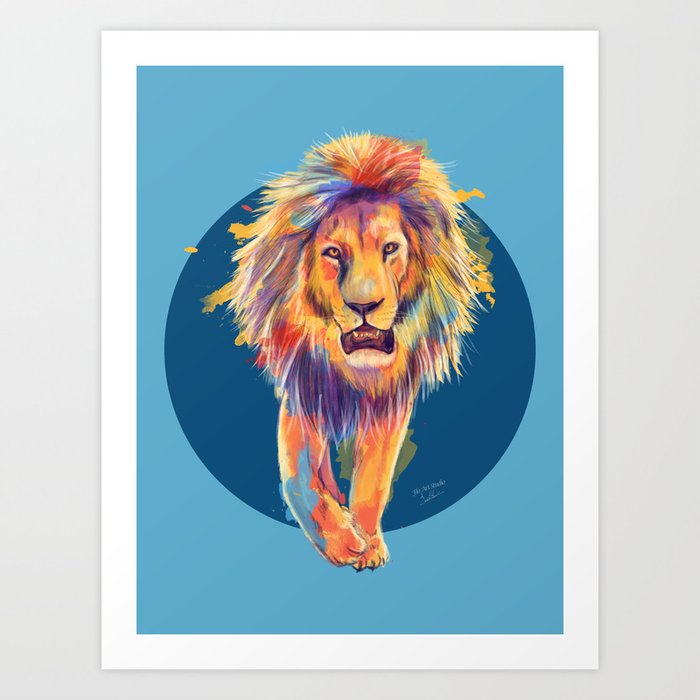 The King, Blue Edition, Colorful Lion Illustration Art Print