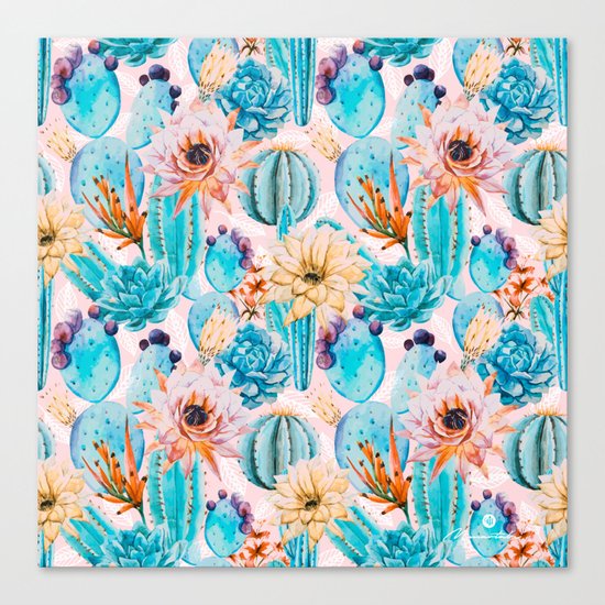Cactus and flowers pattern Canvas Print