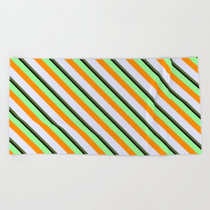 Colorful Green, Dark Orange, Lavender, Dark Olive Green, and Black Colored Lined Pattern Beach Towel