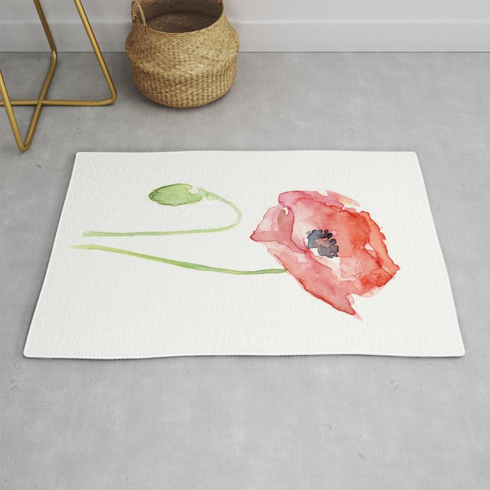 Red Poppy Watercolor Flower Floral Abstract Rug