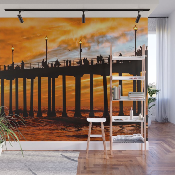 HB Silhouette's, and a fiery sunset at the Huntington Beach Pier. Wall Mural