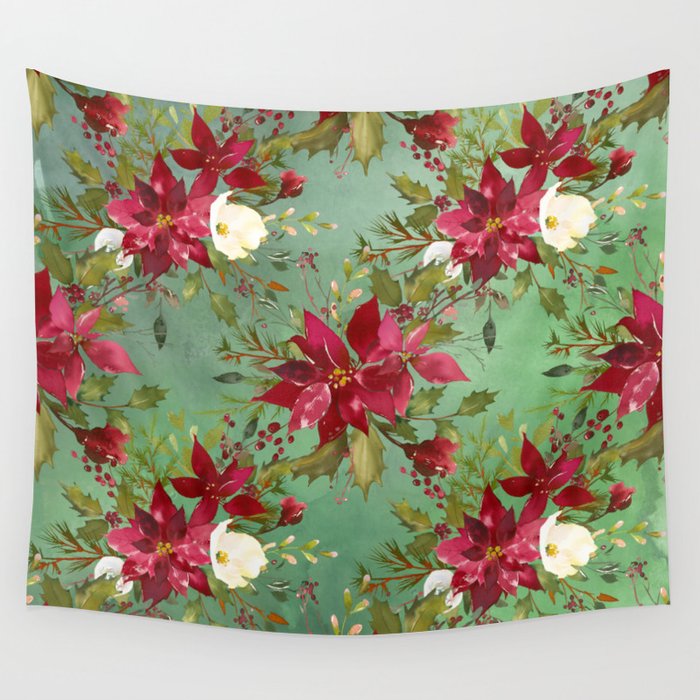 Burgundy Red Forest Green White Watercolor Christmas Flowers Wall Tapestry By Pink Water Society6