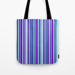 [ Thumbnail: Dark Violet, Dark Cyan, and Powder Blue Colored Lines/Stripes Pattern Tote Bag ]