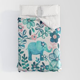 Dusty Pink, White and Teal Elephant and Floral Watercolor Pattern Duvet Cover