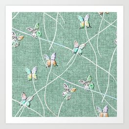 Embroidery Texture Watercolor Butterflies on Green Linen Art Print