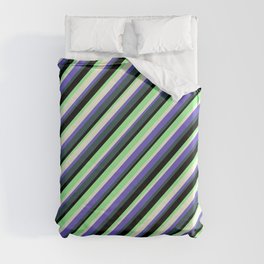 [ Thumbnail: Colorful Beige, Slate Blue, Dark Slate Gray, Black & Green Colored Lined/Striped Pattern Duvet Cover ]
