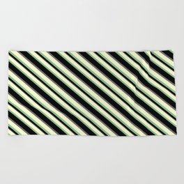 [ Thumbnail: Light Yellow, Dark Sea Green, Black, and Dim Gray Colored Striped Pattern Beach Towel ]