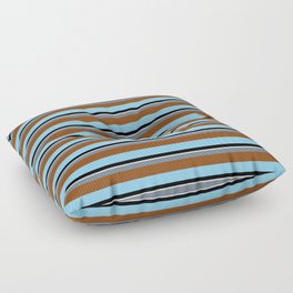 [ Thumbnail: Colorful Slate Gray, Brown, Light Sky Blue, Black & Mint Cream Colored Striped Pattern Floor Pillow ]