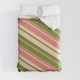 [ Thumbnail: Bisque, Green, and Light Coral Colored Striped/Lined Pattern Duvet Cover ]