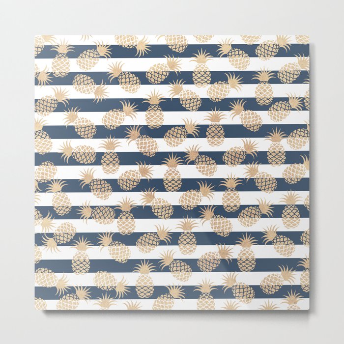 Nautical modern navy blue white stripes blush beige pineapple Metal Print