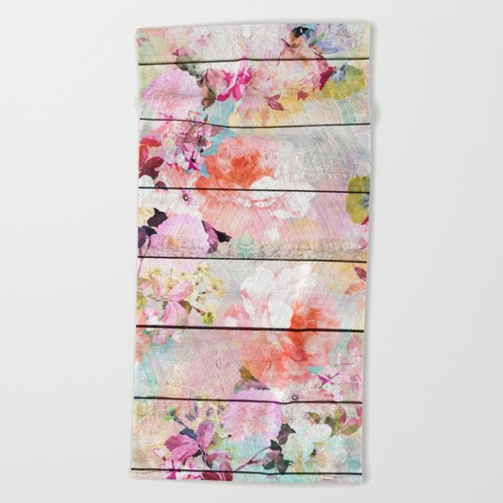 Summer pastel pink purple floral watercolor rustic striped wood pattern Beach Towel
