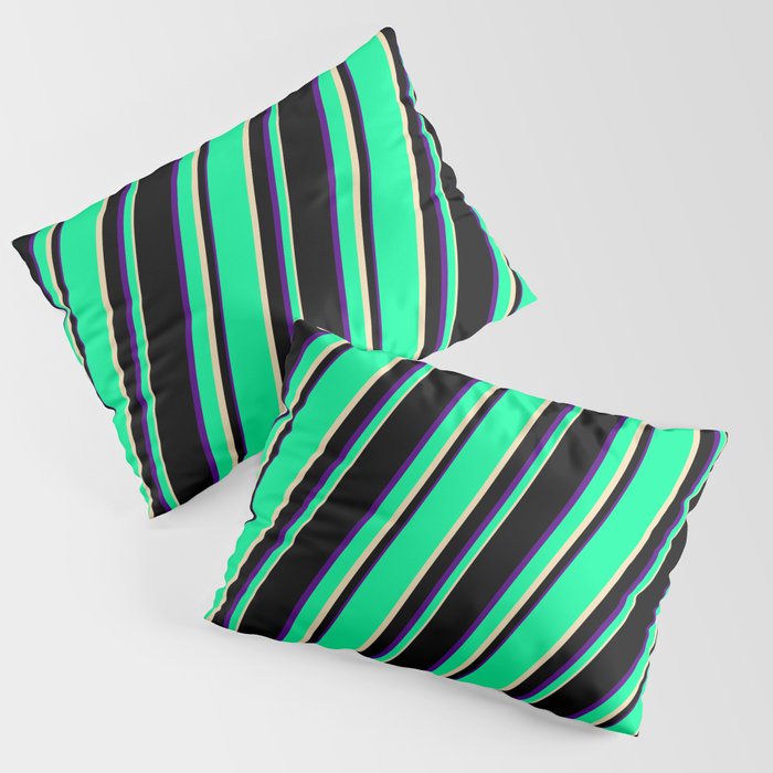 Green, Tan, Black, and Indigo Colored Lines/Stripes Pattern Pillow Sham