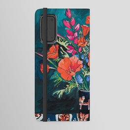 California Poppy and Wildflower Bouquet on Emerald with Tigers Still Life Painting Android Wallet Case
