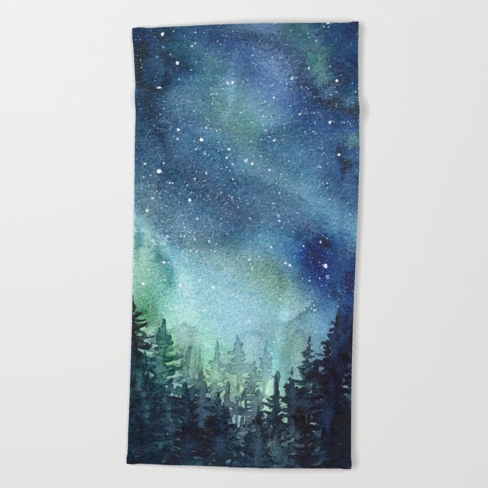 Galaxy Watercolor Aurora Borealis Painting Beach Towel