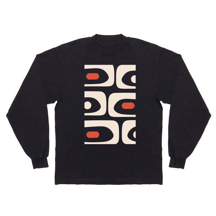Retro Piquet Mid Century Modern Abstract Pattern in Black, Orange, and Almond Cream Long Sleeve T Shirt