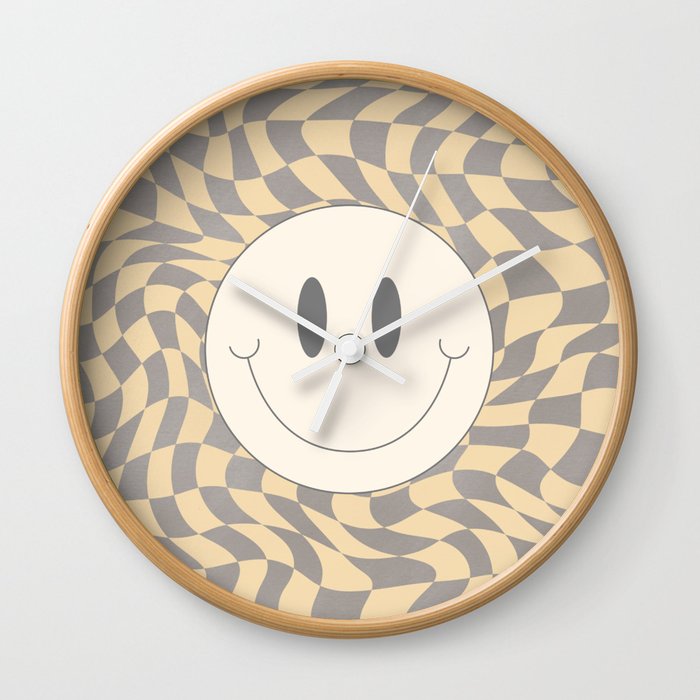 smiley warp checked in beige gray Wall Clock