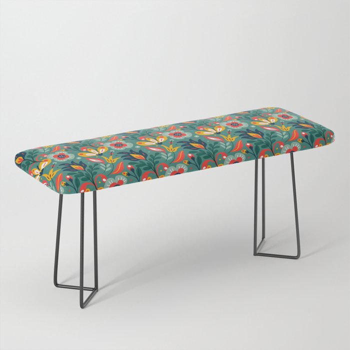 Colorful Floral Pattern On Green Blue Background Bench