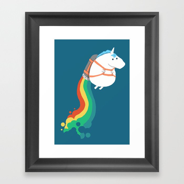 Fat Unicorn on Rainbow Jetpack Framed Art Print