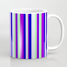 [ Thumbnail: Lavender, Green, Dark Violet, and Blue Colored Lined/Striped Pattern Coffee Mug ]
