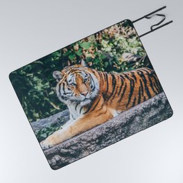Majestic Tiger Sitting On A Rock Photography Picnic Blanket