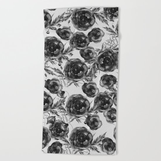 Abstract Poppy Pattern Black And White Beach Towel